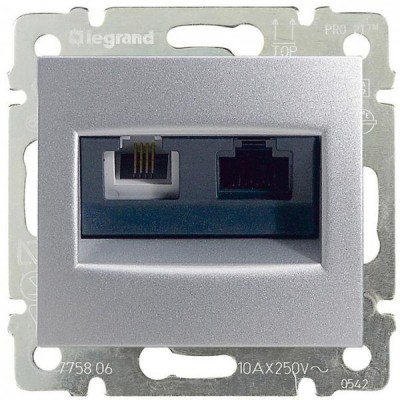 Двойная розетка RJ45 Cat. 5е/6 UTP + RJ11 - Valena - алюминий